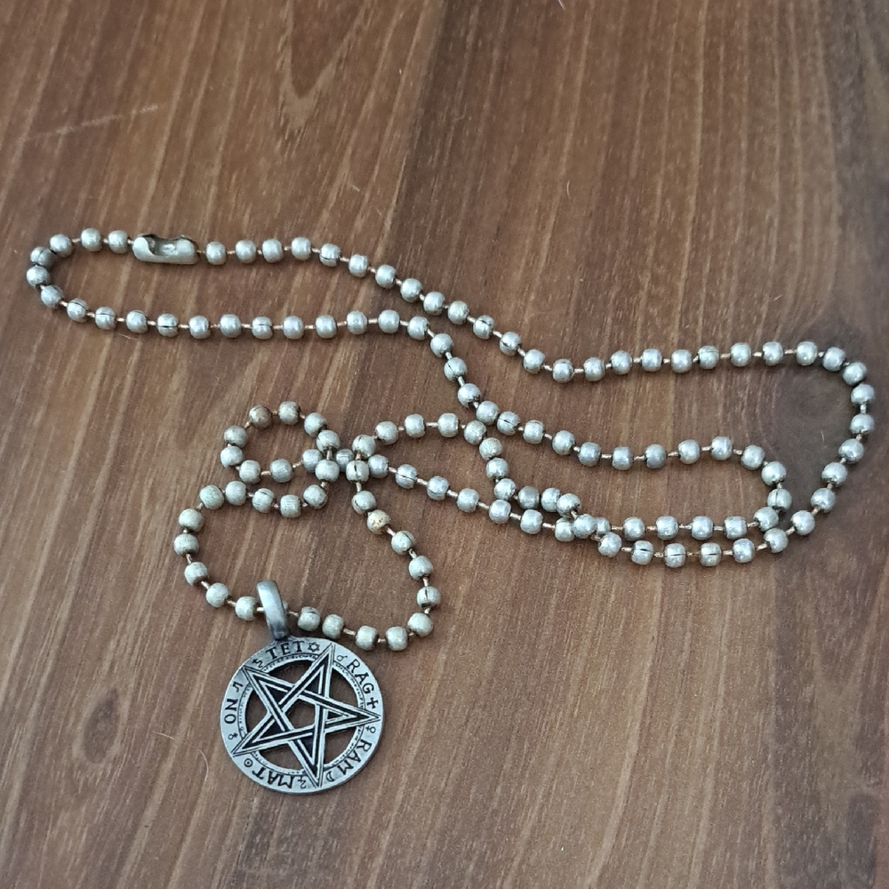 Silver Beaded Necklace with Pentagram Pendant